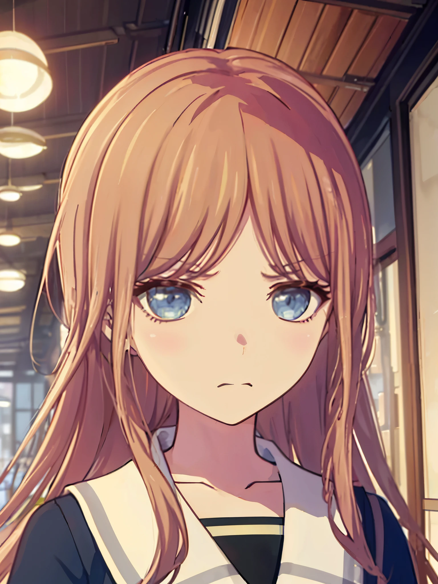 （******）,(portrait of nagasaki_soyo_bangdreamitsmygo:1.2),long_hair, brown_hair, bangs, blue_eyes, serafuku,BREAK,(disgust, angry,Downturned mouth, indicating disappointment),looking back,low angle, atmosphere of contemptuous,