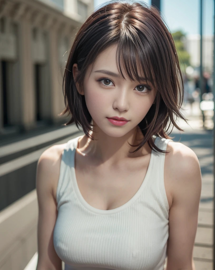 Best Quality, Ultra High Resolution, (Photorealistic: 1.4), Beautiful Eyes, Super Beautiful, Very Short Hair, Beautiful, Sweetheart, T-shirt with Rough Chest, Beautiful Soldier, Eyes That Invite Viewer, Lover's Perspective, Inviting Expression, Sexy Smile, Perfect Style, Perfect Balance, Detailed Skin, Naughty Gaze, Chest Visible