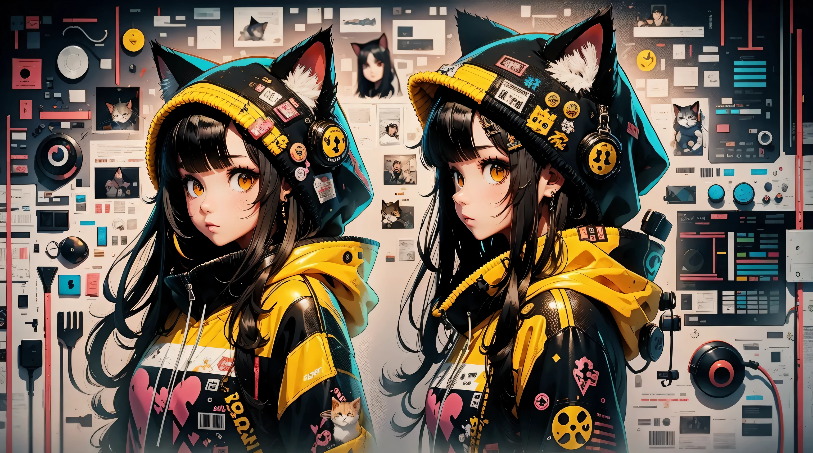 anime girl with black hair and a cat hat, anime style illustration, moe artstyle, wallpaper 8 k, digital illustration, beautiful catgirl, she wears a hoodie with animal ears and technowear technology, futuristic fashion in black and holographic colors, many details and buttons on it, cables coming out of the sleeves, the background is that of a  pattern with cat motifs and paws