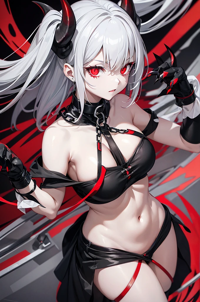 Demon girl, All gray color skill, short gray hair with red strips, long black horns, left white eye, right red eye, Long gray demon tail, Black claws, glowing red magic coming from hands. Black metal chain around neck, big breast.