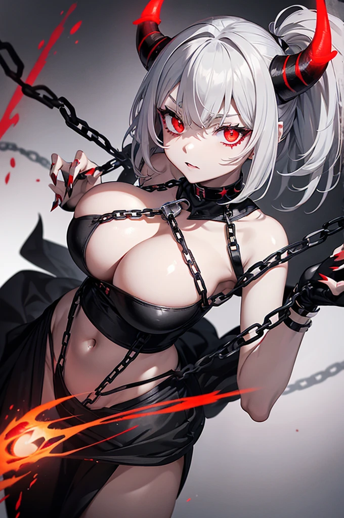 Demon girl, All gray color skill, short gray hair with red strips, long black horns, left white eye, right red eye, Long gray demon tail, Black claws, glowing red magic coming from hands. Black metal chain around neck, big breast.