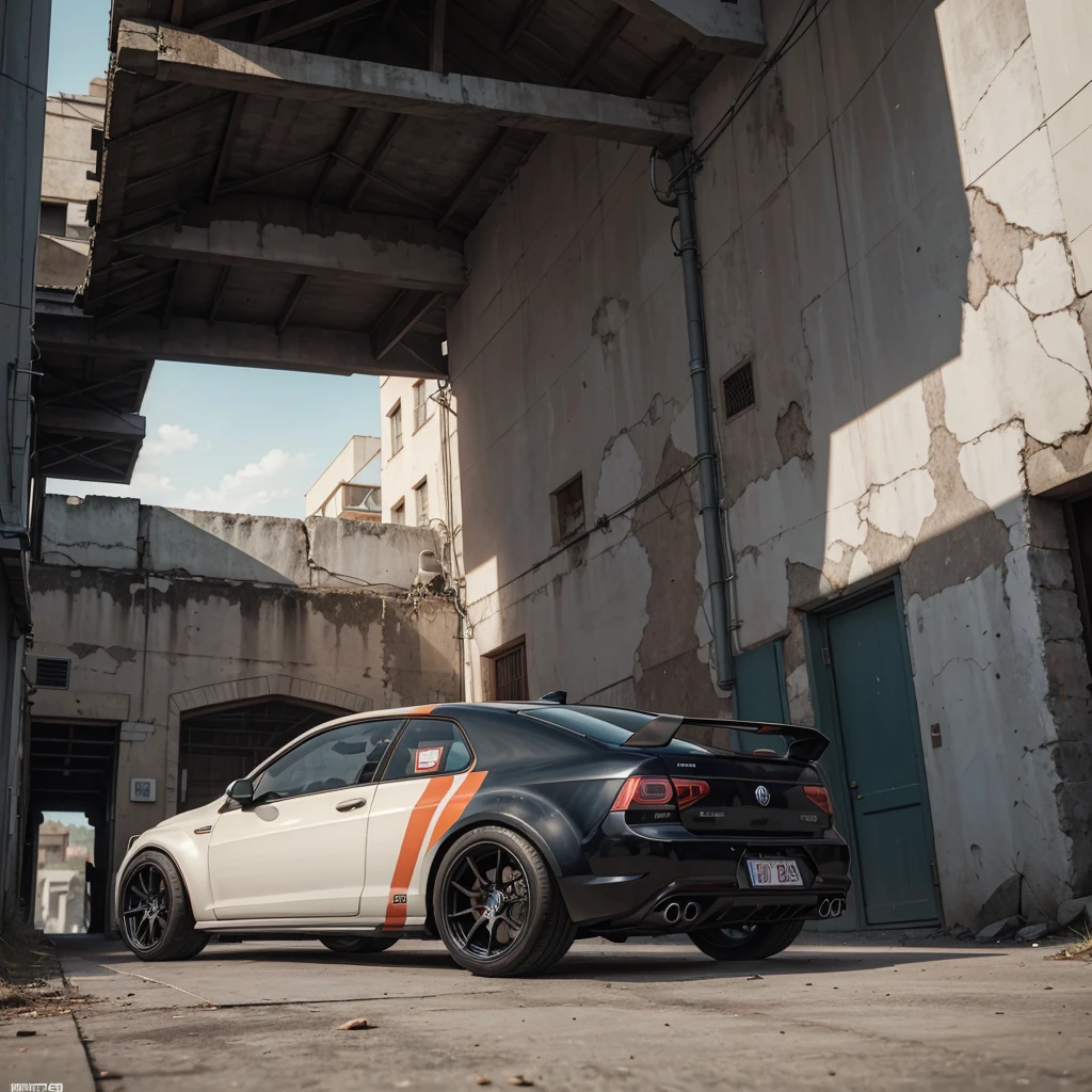 Cinematic photo shoot of VW Golf MK1 retro street rally car, insanely detailed and intricate background with VW Golf owner club party scene with some other characters and objects, a masterpiece cinematic photo realistic illustration of color comic maestro Don Lawrence, super detailed, high resolution, full vibrant color, volumetric lighting, octane render, octane lighting