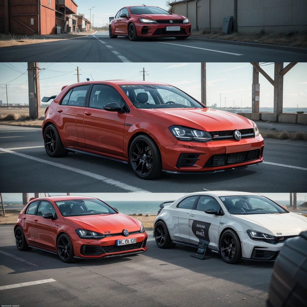 Cinematic photo shoot of VW Golf MK1 retro street rally car, insanely detailed and intricate background with VW Golf owner club party scene with some other characters and objects, a masterpiece cinematic photo realistic illustration of color comic maestro Don Lawrence, super detailed, high resolution, full vibrant color, volumetric lighting, octane render, octane lighting