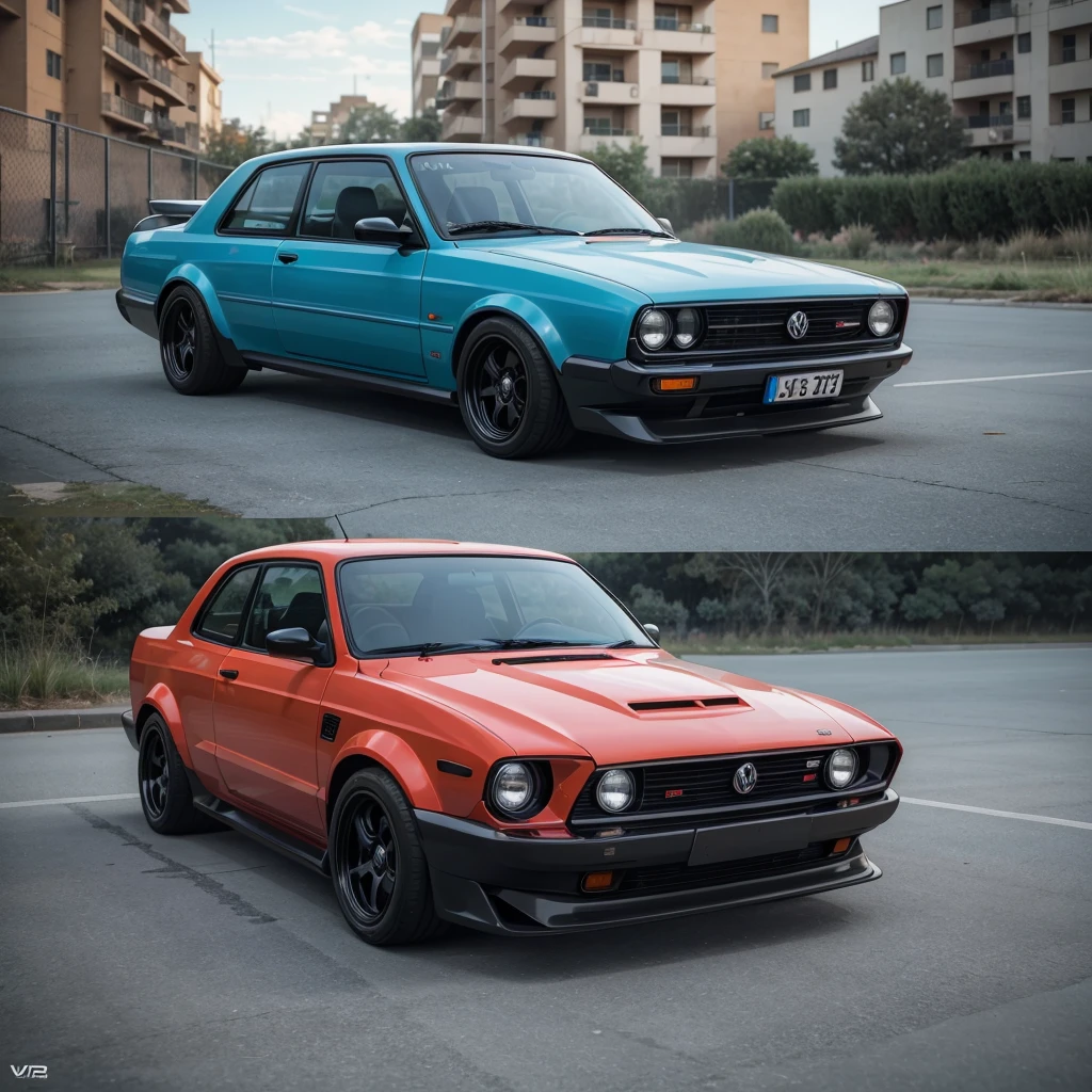 Cinematic photo shoot of VW Golf MK1 retro street rally car, insanely detailed and intricate background with VW Golf owner club party scene with some other characters and objects, a masterpiece cinematic photo realistic illustration of color comic maestro Don Lawrence, super detailed, high resolution, full vibrant color, volumetric lighting, octane render, octane lighting
