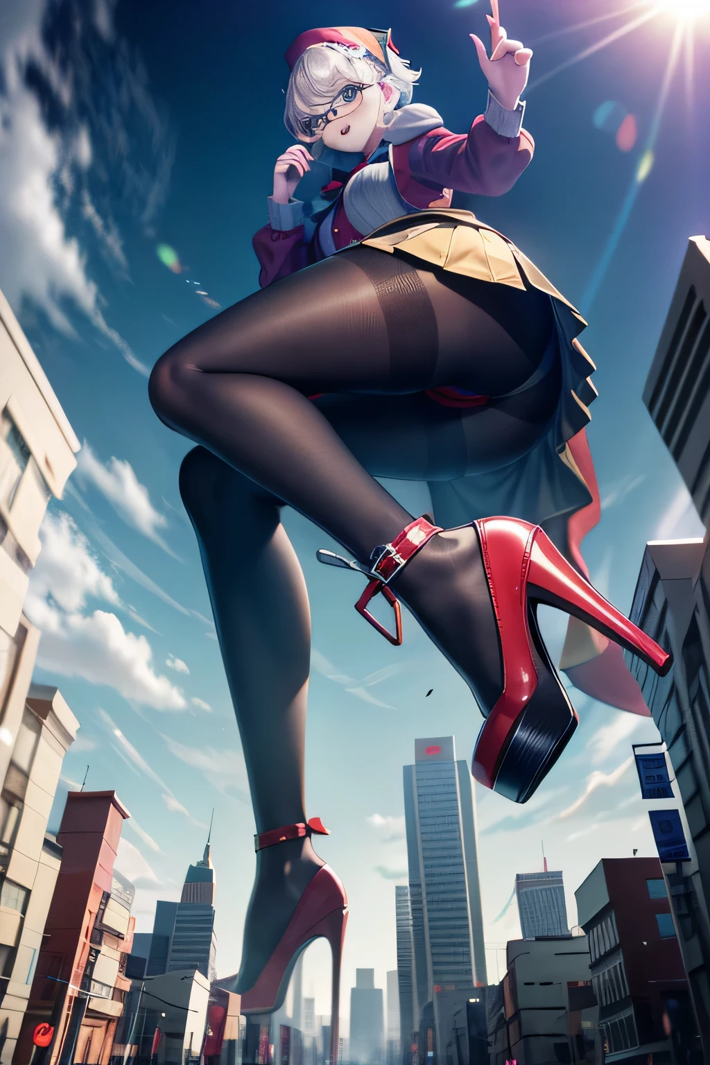 der riese art, 非常に詳細なder rieseショット, der riese, Shorthair, Giant woman bigger than a skyscraper, Wearing rimless glasses, Colossal tits, Big ass, Red Santa Dresses, Black pantyhose, Her shoes are high heels and stiletto red sandals., very small metropolis, Trying to destroy a miniature metropolis, Full body depiction, nffsw, giga der riese, der riese, Black pantyhose, Stomping City,crash city,Small town,micro city,