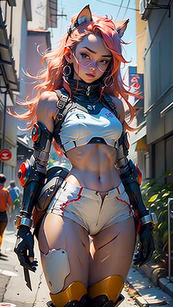 Woman body defined thick thighs cybernetic body parts, short underwear