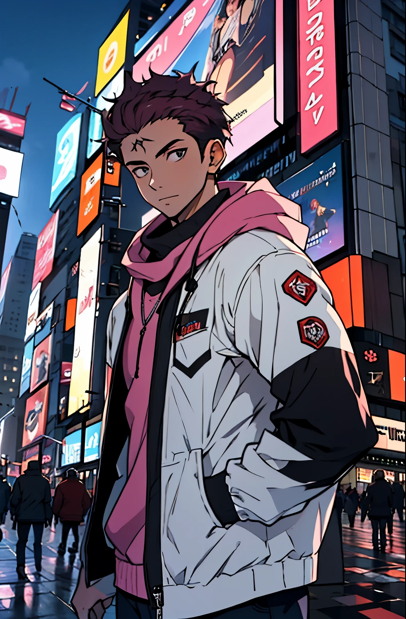 A mais alta qualidade, 8K, image high resolution, good ilumination, sombras detalhadas, Cores vibrantes, Detailed strokes, no meio de uma avenida movimentada estilo Times Square de noite , inverno, apoiado em um dos postes, adolecente, Yuji Itadori, Dark Pink Hair , wearing a cold jacket , masculo , Tight chest in jacket , (angulo de baixo), (Angulo de Perto), pernas definidas, defined arms, com a camisa,