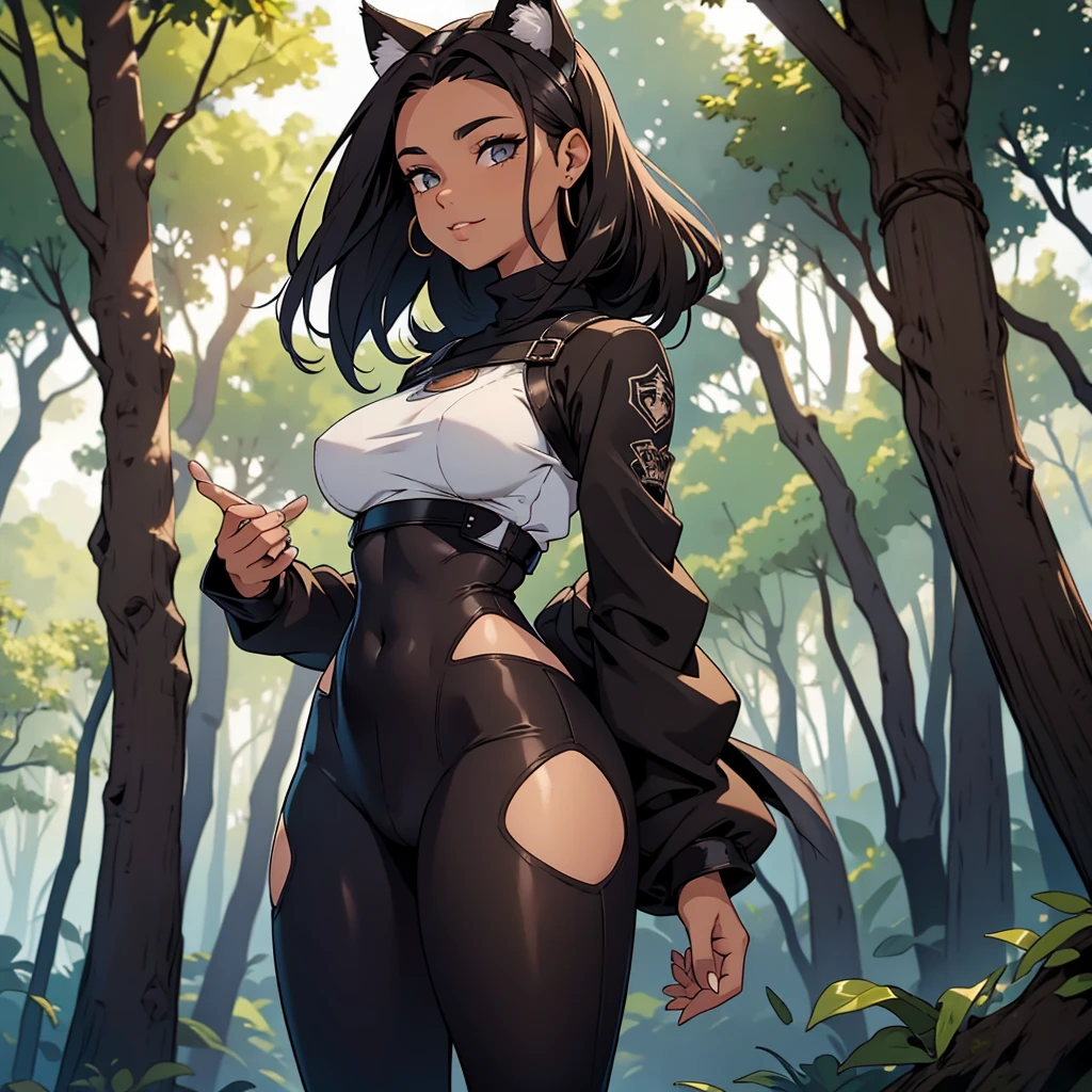 beautiful young warrior with cat ears on her head, com rosto bem detalhado e bonito, belos olhos, belos olhos, rosto lindo, beautiful young woman wearing long brown leggings with black details, sueter apertado branco, Standing in a forest, usando bota preta, cabelo comprido com franja preto, ,orelhas de gato, belo sorriso, tomboy, um pouco musculosa,suter branco com cinta em volta, olhar serio,usando brazer apertado preto