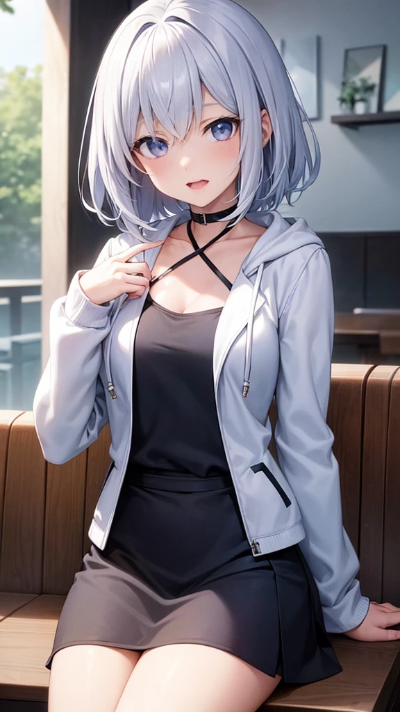 Ultra-high image quality,Look at viewers, hands behind back, girl with, 20 years old, Very short hair, long bangs between eyes, blue eyess,Black eyes, Hoodie, Skirt , Extremely detailed,(​masterpiece、top-quality),White hair、A smile、Fantastical, Silver hair,,  Hoodie, White hoodie,a black skirt,Hair is short,White jacket, Casual style,Open jacket, , facing front、open open mouth、5 fingers、sit a chair、Dining at the café、having a ice cream、collarbone visible