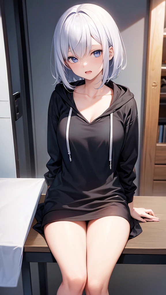 top-quality、supreme1People Girls,hightquality,A detailed face、A detailed eye、Detailed nose、Detailed mouth、 Beautiful expression, ((masuter piece)), ((High resolution)), ((Best Quality)), detail, (NSFW:1.4 ,With a disgusting face,Glaring at this), ((Skin shiny with sweat)), (shool uniform:1.2、Loose socks)、 girl with, silber hair, (a short bob)、sit down and open legs:1.3、fair white skin:1.3、、Smaller chest, cinmatic lighting, perfectly shaded,(((girl's own room))), Realistic lighting with shades,Reflecting the whole body