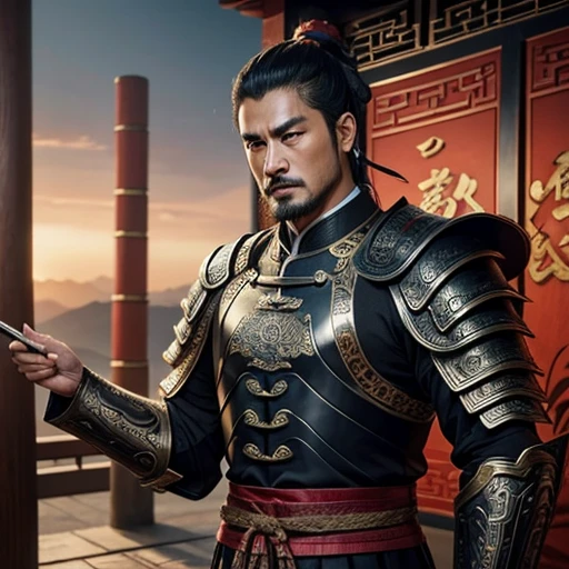 Oriental、man in ancient chinese armor、ancient chinese hairstyle man、three kingdom、multiple warlords、top-quality、​masterpiece、超A high resolution、(Photorealsitic:1.4)、Cinematic poster
