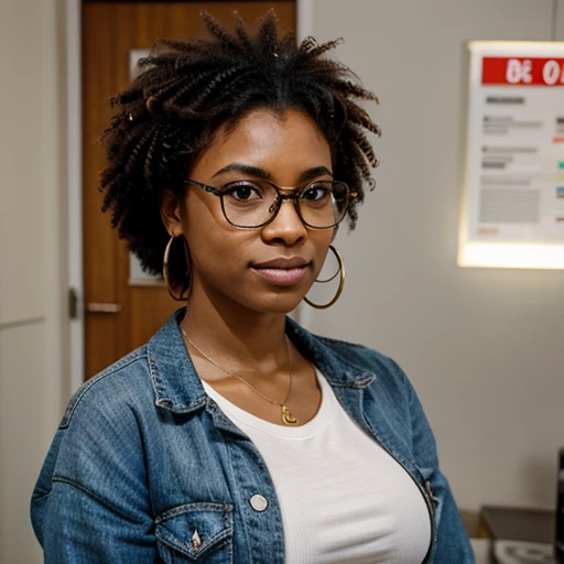 imagine uma mulher brasileira afrodescendente, wearing casual clothes and wearing prescription glasses