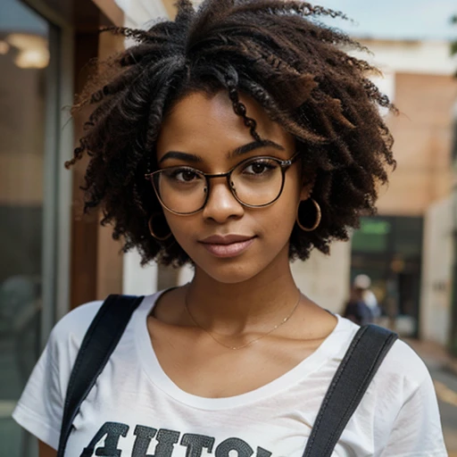 imagine uma mulher brasileira afrodescendente, wearing casual clothes and wearing prescription glasses