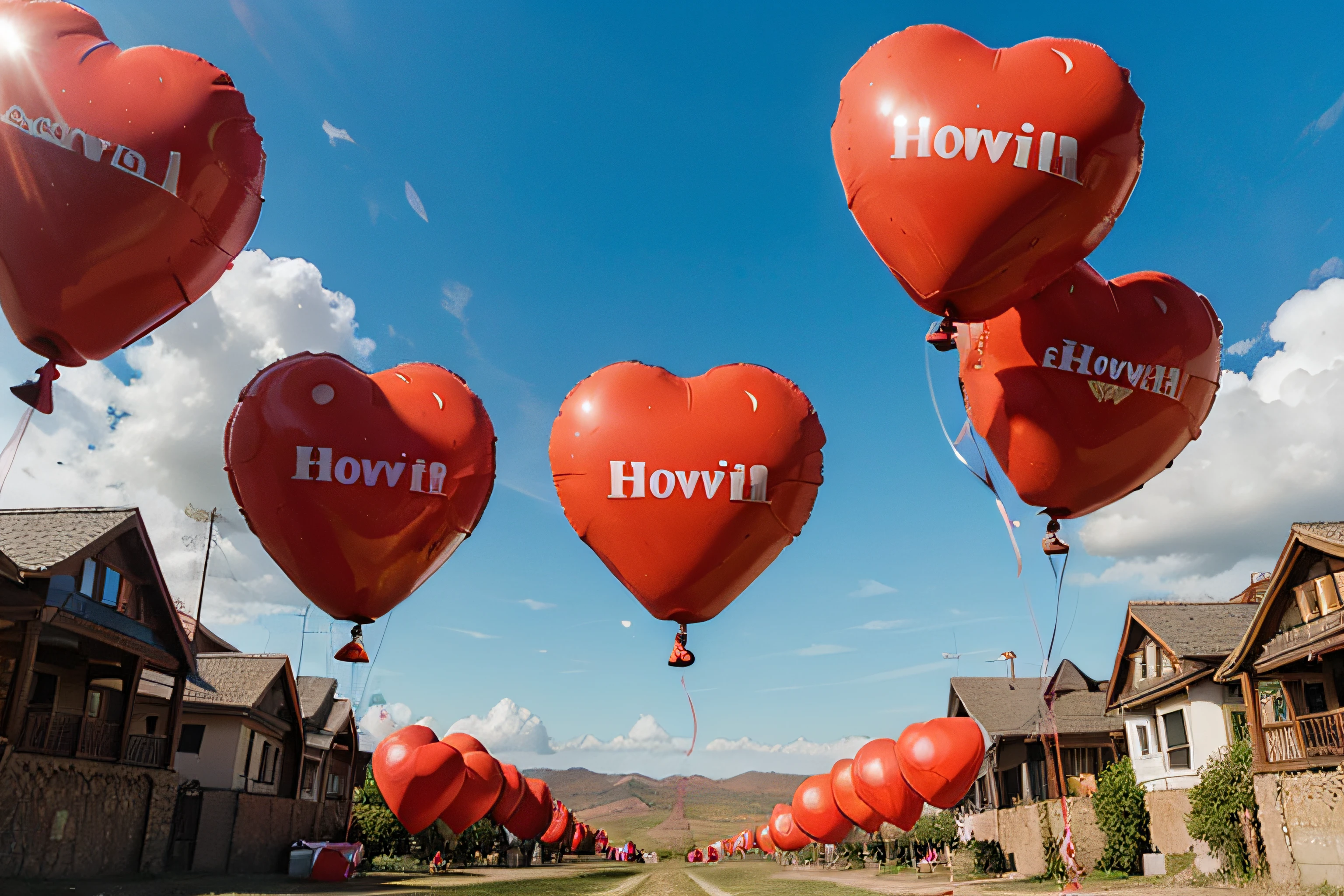 several red heart-shaped balloons facing forward against a clear blue sky in the background