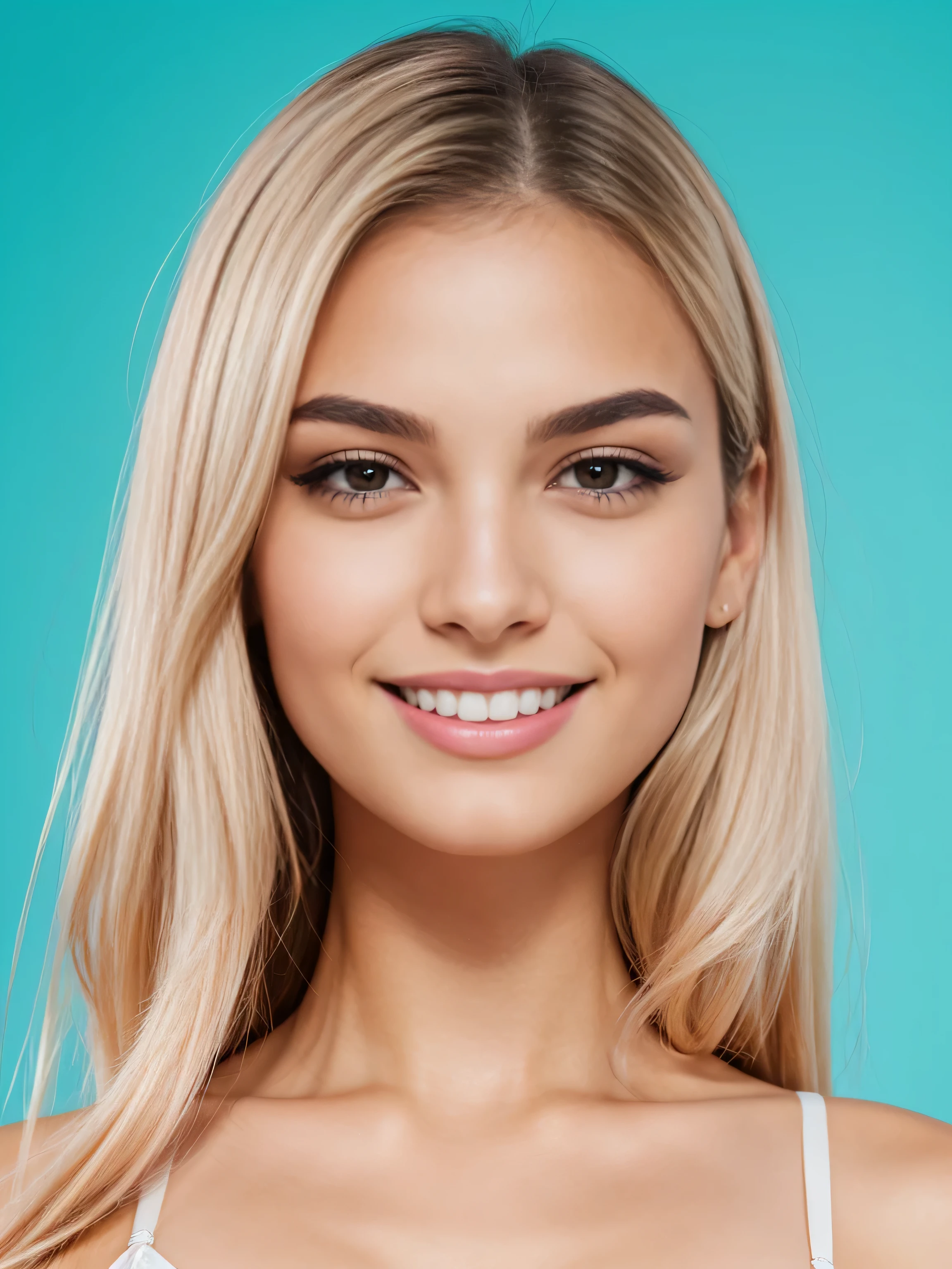Masterpiece, realistic, highly detailed, best quality, (looking_at_viewer, feminine 25 years woman, symmetric_face, big_breasts, rounded_chin+jaw, large_chin, very_cute+very_feminine_woman, tanned_skin, long_straight_hair, (blonde_hair), very_thin_eyebrows, very_thin_brows, round_thin_brows, round_thin_eyebrows, (brown_eyes, dark_brown_eyes), big_eyes:0.6, large_eyes:1.3, round_eyes:0.6, symmetric_eyes, mascara:0.8, makeup:1, slim_nose:1, feminine_prominent_cheekbones:1.2, cheek_dimples:1.3, large_cheeks, big_cheeks, slim_greek_nose, rounded_nose:1, thin_nose:1, thin_nostrils:1, thin_nose_bridge:0.5, thin_nose_tip:1, small_nose_tip:1, feminine_pink_lips, bunny_front_teeth, wistful_smile, flirting_expression, wearing_turquoise_lingerie, white_backdrop), upper body