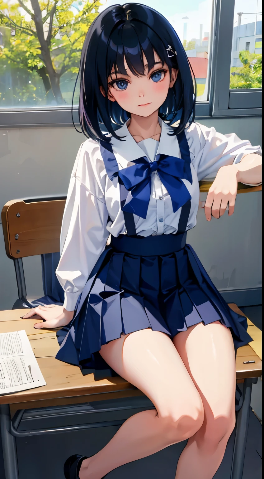 full bodyesbian，(child)，（​masterpiece，Highest Quality），shortsleeves，Dark blue pleated skirt，A dark-haired，Summer Classroom