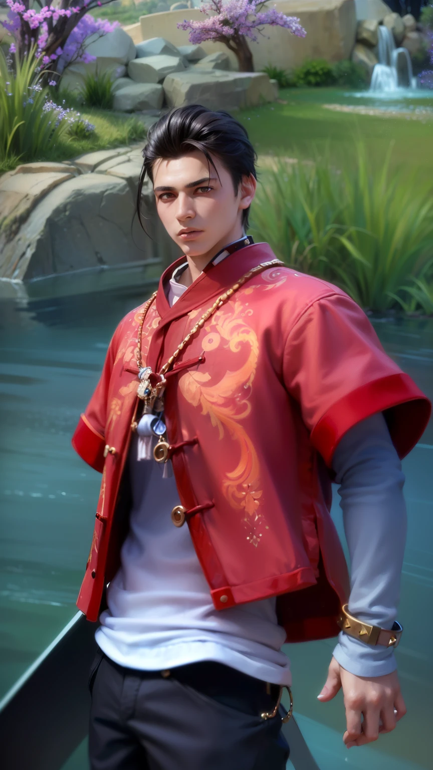 masculine male, masterpiece, ((perfect eyeest quality, (semirealism:1.9), beautiful lighting, (extremely detailed CG unity 4k fhd wallpaper), High Detail, Sharp focus, dramatic outdoors, 1 boy ,19 years old, black hair, light purpel eyes.