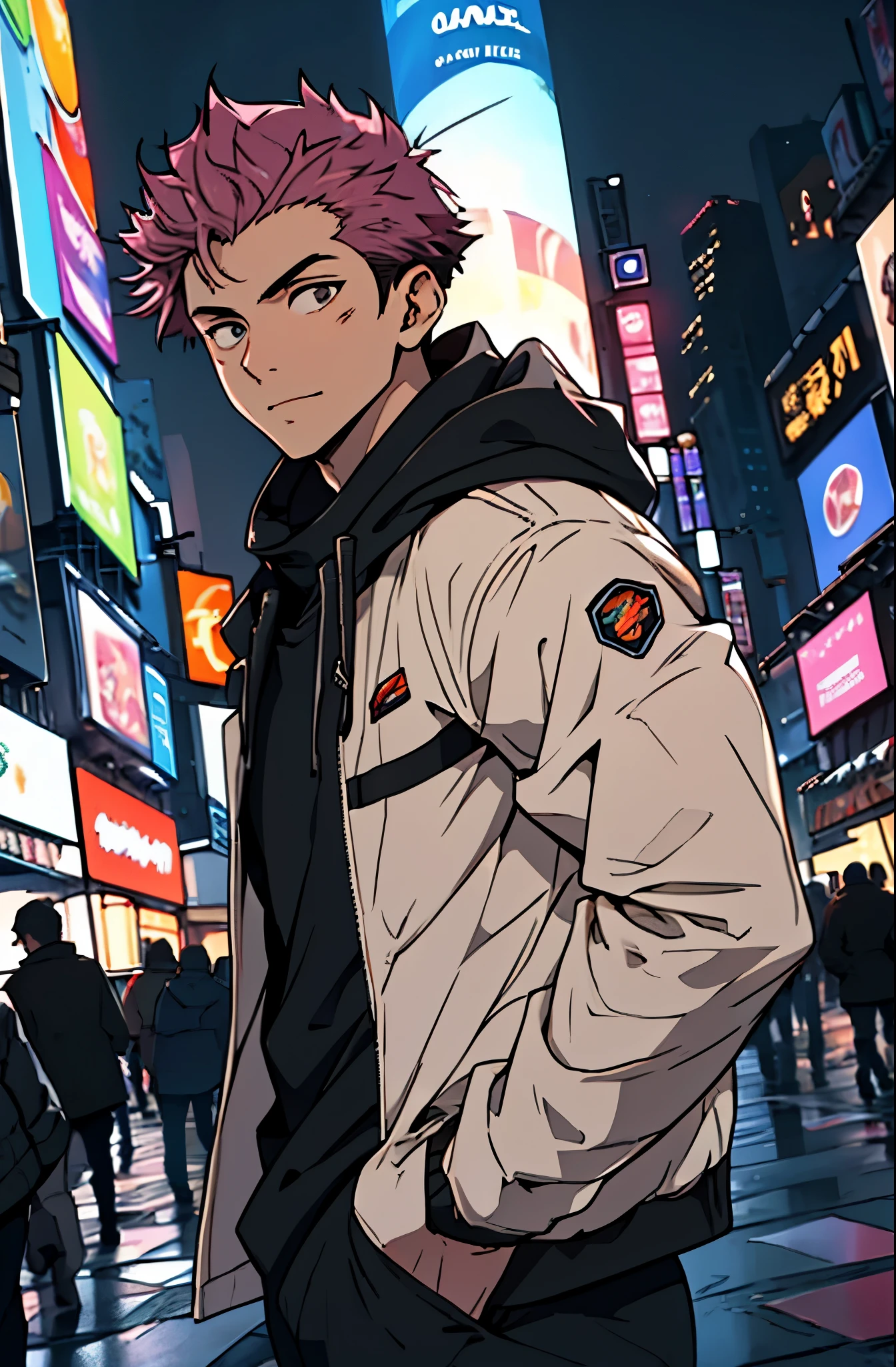 A mais alta qualidade, 8K, image high resolution, good ilumination, sombras detalhadas, Detailed strokes, no meio de uma avenida movimentada estilo Times Square de noite , inverno, apoiado em um dos postes, adolecente, Yuji Itadori, Dark Pink Hair , wearing a cold jacket , masculo , Tight chest in jacket , (angulo de baixo), (Angulo de Perto), pernas definidas, defined arms, com a camisa,