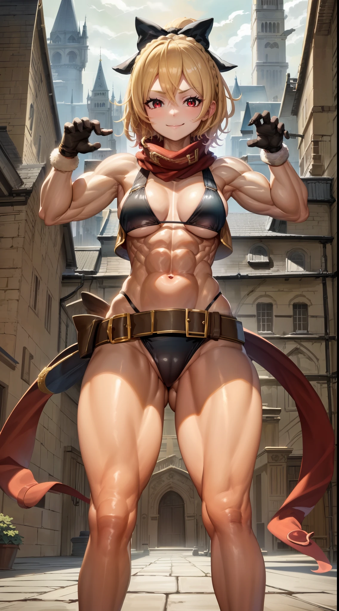 best quality, 4k, ((masterpiece)), extremely detailed, 8k, Trending in ArtStation, intricate, very high detail, sharp focus, detailed backfloor, (Fantasy City: 1.4), Roof, 1girl, floor, navel, arch, (blond hair), red eyes, hair bow, red scarf, braid, short hair, small breasts, Looking at the Viewer, smile, midriff, blonde hair, black bow, {{{very short and sexy bikini}}}, wearing very short black panties, Gloves, brown Gloves, (muscular legs), (((doing a doggy pose showing her big ass to me)))