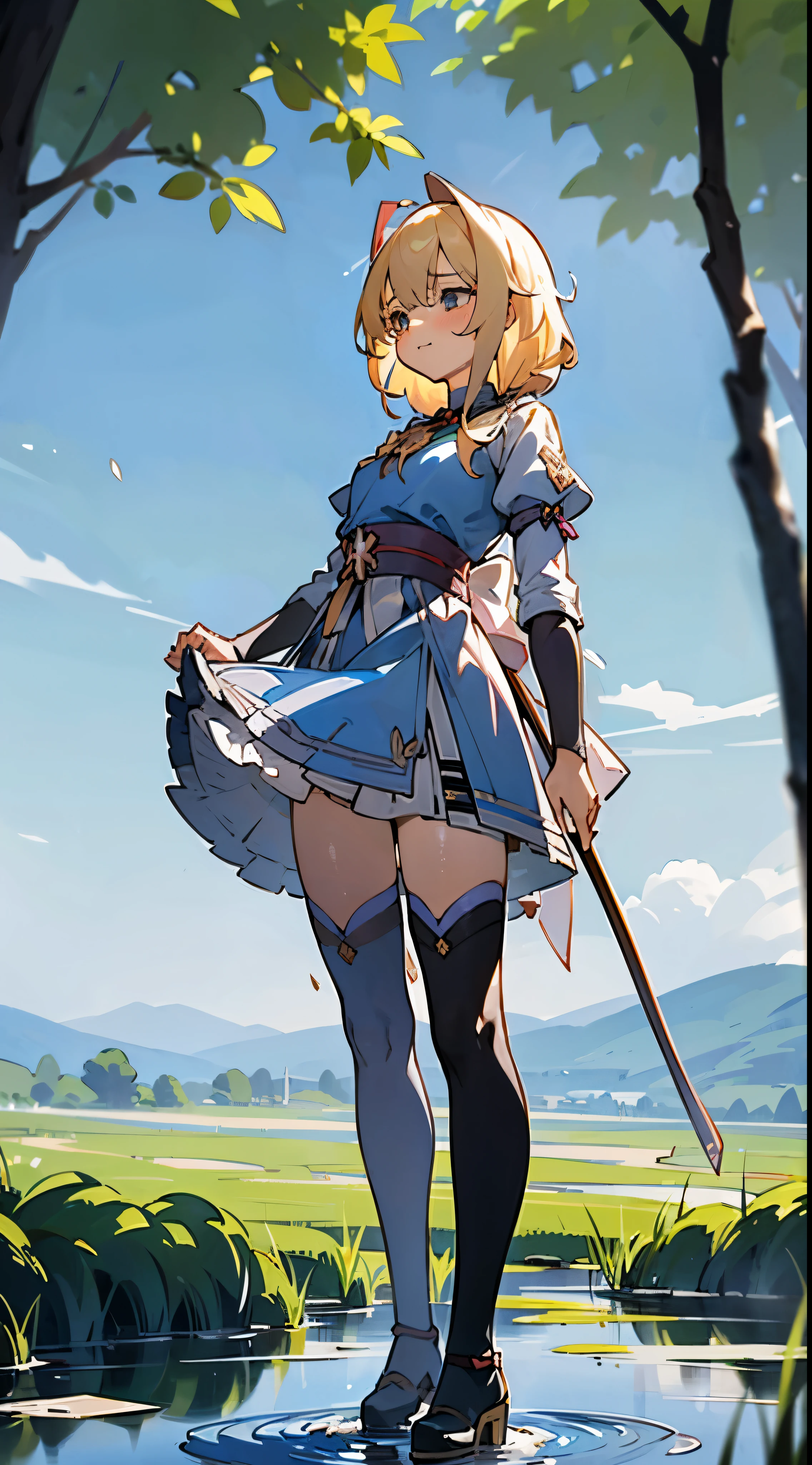 anime styled, The ultra -The high-definition, alice in the wonderland, Super cute girl, ((a blond:1.4)), ((long:1.4)), shame, Shyness is a shy smile, light blue fluttering short dress, frilldの付いた白いエプロンスカートを重ねる, frilld, A large white ribbon is tied behind the waist of the dress.. , B-cup breast, Light blue fluttering mini skirt, ソックスは爪先から太ももの半ばあたりまであるlongい白色のknee high, ((knee high:1.4)), and draw the full body, in the forest where bright sunlight shines through, absurd worldview, Her clothes are a little disarrayed and her breasts are exposed.., teatsが見えている, ((teats:1.4)), Her skirt is a little disarrayed and her crotch is visible.., 股のFemale genitalsが見えている, ((Female genitals:1.4)), pee, お漏らししてpeeが股から出て太ももを伝ってチョロチョロと細く流れている, Lying on the ground, lying on one's side, Urine excreted on the ground around the waist forms a small puddle., ((pissing:1.4)), i'Hold out your hand as if inviting me here