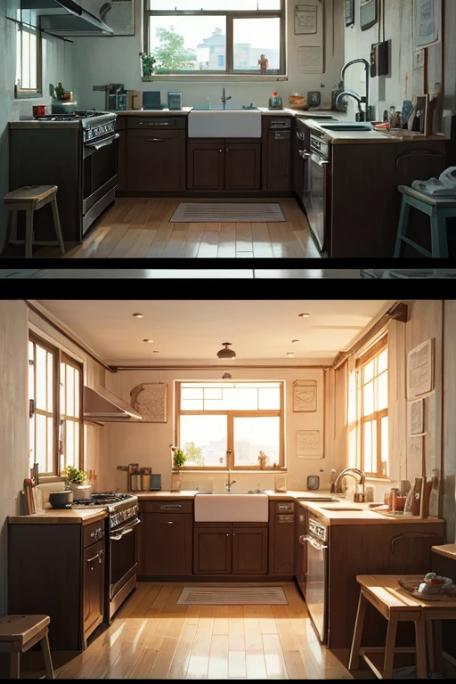 There is a small kitchen,Has window and sink, Madhouse Studio anime style, cozy bistro, Shen Haicheng, anime scene, ( ( Xinhai sincerely ) ), Anime background art, Xinhai sincerely. —h 2160, In a dark laboratory room, Studio Ghibli's bedroom, tavern background