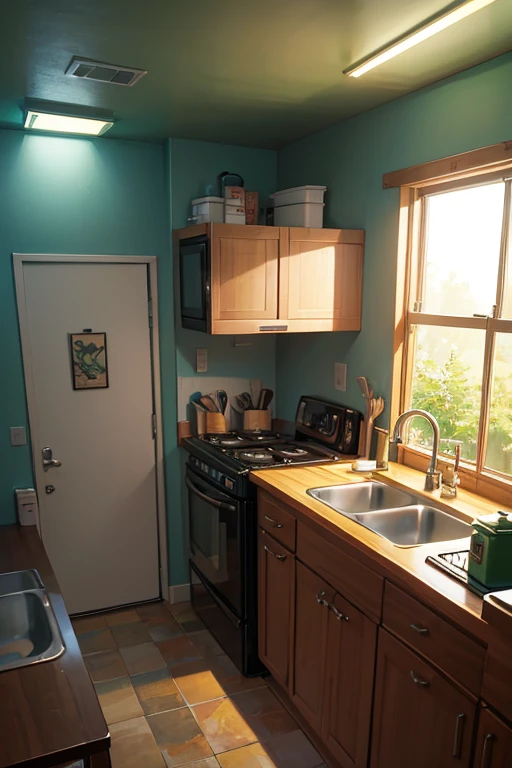 There is a small kitchen,Has window and sink, Madhouse Studio anime style, cozy bistro, Shen Haicheng, anime scene, ( ( Xinhai sincerely ) ), Anime background art, Xinhai sincerely. —h 2160, In a dark laboratory room, Studio Ghibli's bedroom, tavern background