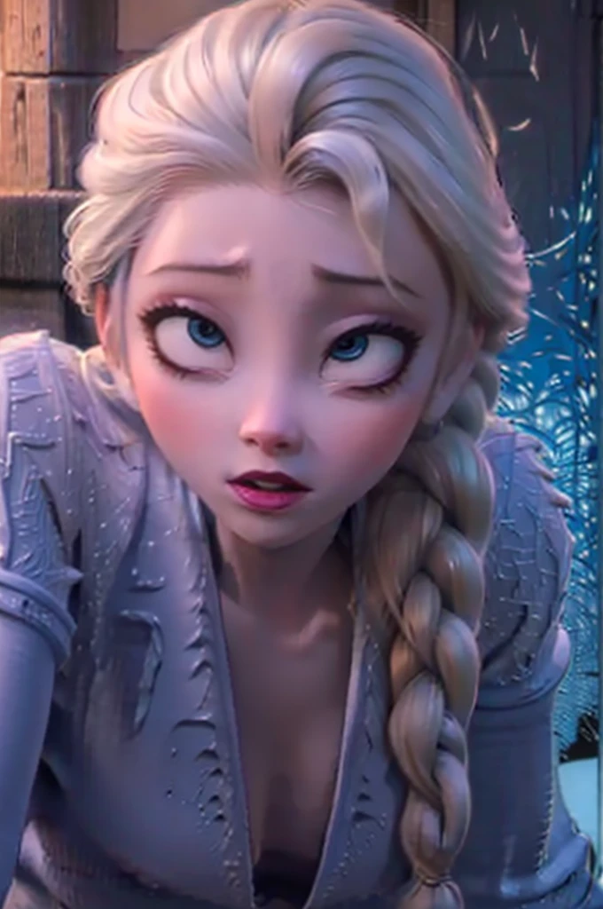 realistic, realism, photorealism, photo-realistic, high contrast, (photorealistic:1.4), 8k high definition detailed realistic, (best quality, masterpiece:1.2), NSFW,  photon mapping, radiosity, physically-based rendering, best quality, highly detailed,1girl, felsa, white hair, blue eyes, single braid, hair over shoulder, full body, blue dress, snow, blue theme, (ahegao:1.5), (rolling eyes:1.5), downblouse, loose t-shirt, leaning forward