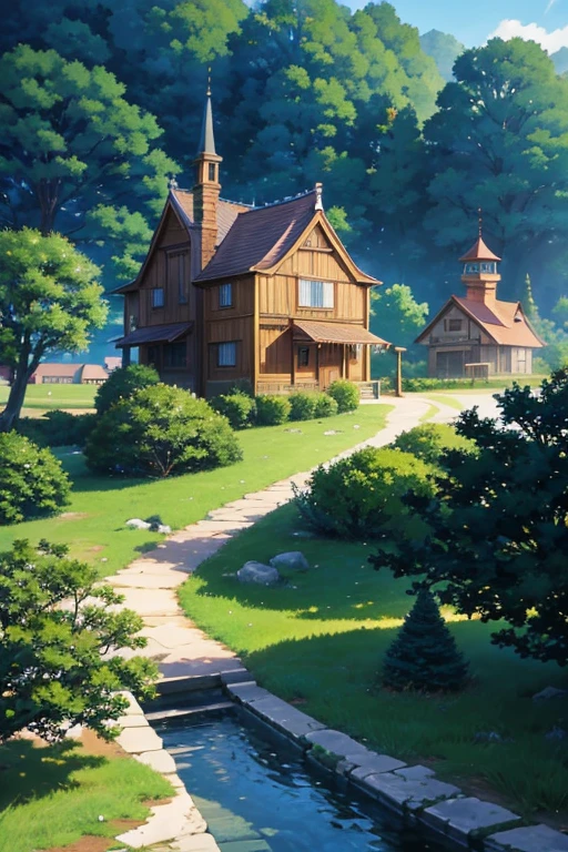 Small town anime style house with fountain, Anime landscapes概念艺术, Madhouse Studio anime style, Anime countryside landscape, Anime landscapes, ghibli studio anime style, Anime background art, beautiful anime scenes, anime scene, beautiful anime scenery, french village exterior, Ghibli Studio Environment, Ghibli animation style, Small town background, screenshot from the anime film, tavern background