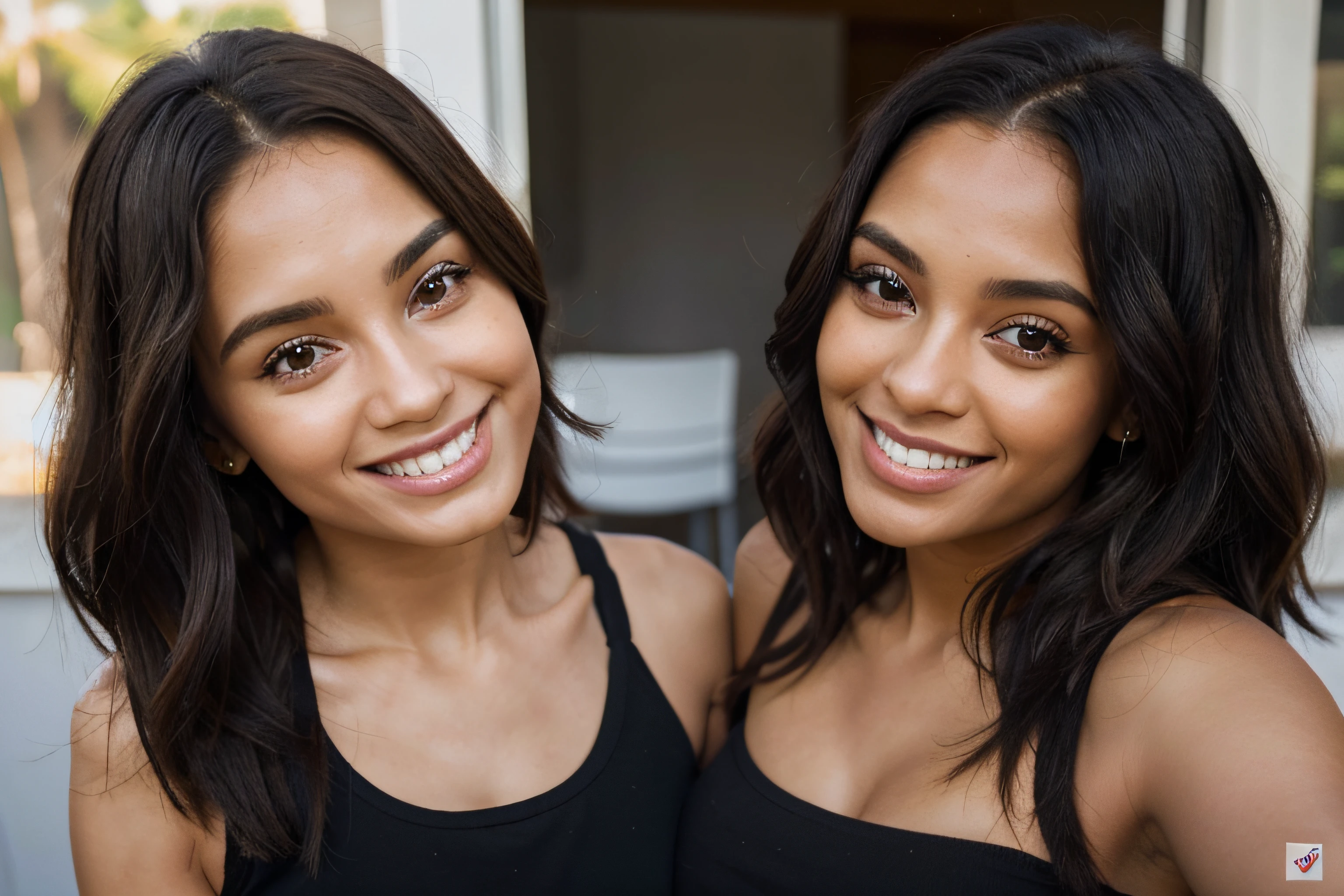 duas amigas sorridentes, dentes perfeitos, olhos perfeitos, uma loira cabelo liso, outra morena cabelo black power, com luzes de um bar ao fundo