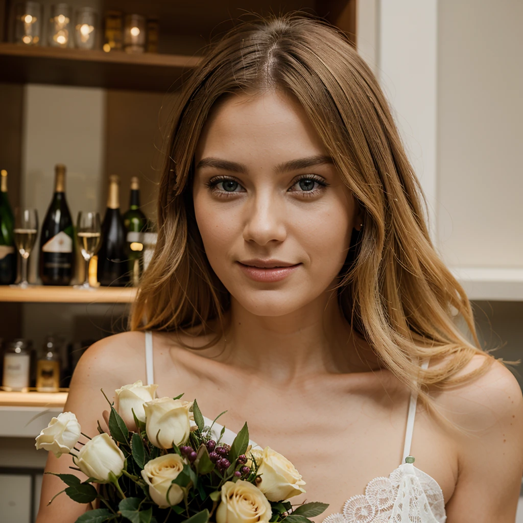 Generate a realistic photo of a girl 27 years old, blondes in Paris. Vaughn with a bouquet and champagne. Garneau recruited. Laugh broadly. Sony a7iii 50 mm 1.4.