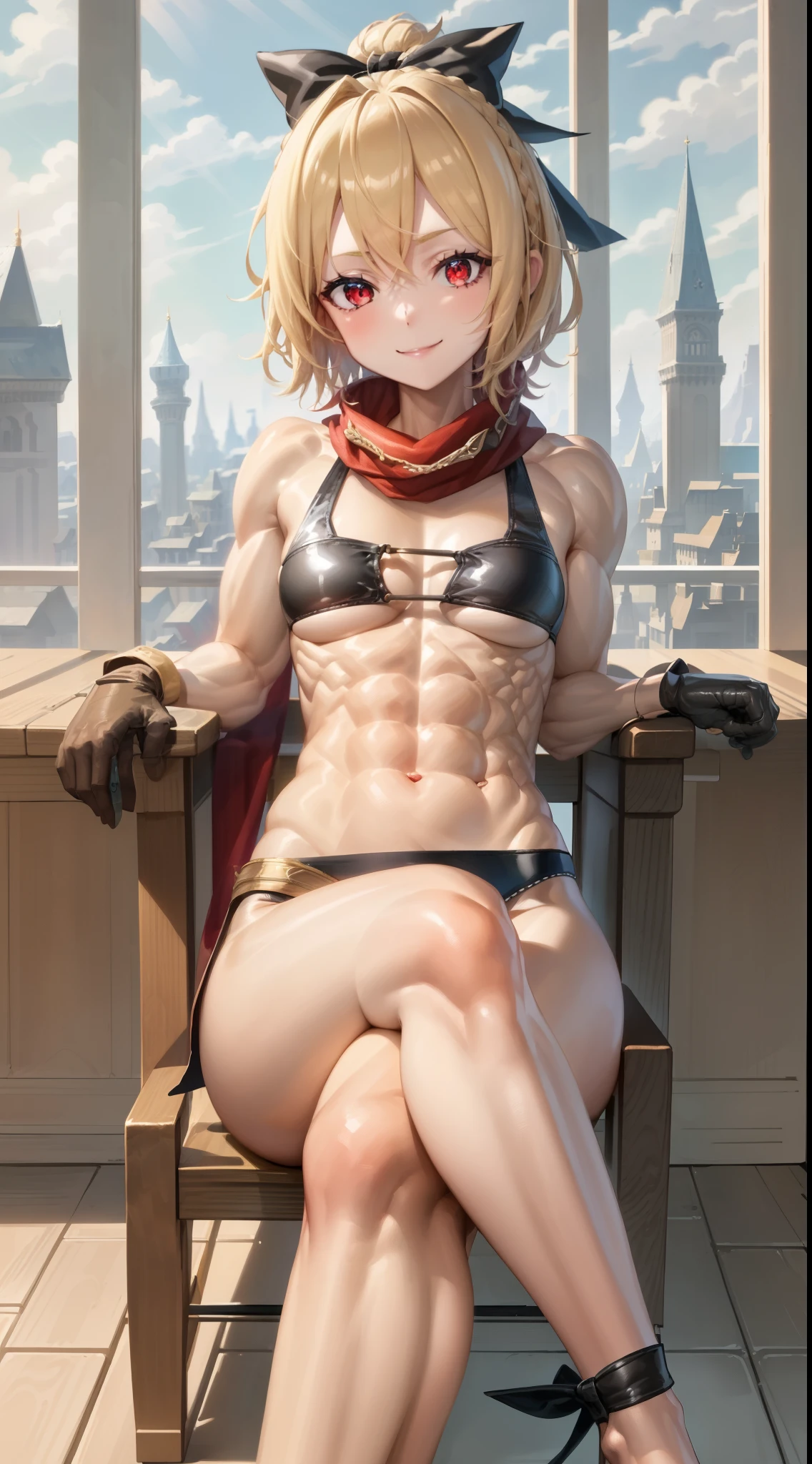 best quality, 4k, ((masterpiece)), extremely detailed, 8k, Trending in ArtStation, intricate, very high detail, sharp focus, detailed backfloor, (Fantasy City: 1.4), Roof, 1girl, floor, navel, arch, (blond hair), red eyes, hair bow, red scarf, braid, short hair, small breasts, Looking at the Viewer, smile, midriff, blonde hair, black bow, {{{very short and sexy bikini}}}, wearing very short black panties, Gloves, brown Gloves, (muscular legs), (((sitting on the chair sensually with her legs crossed)))