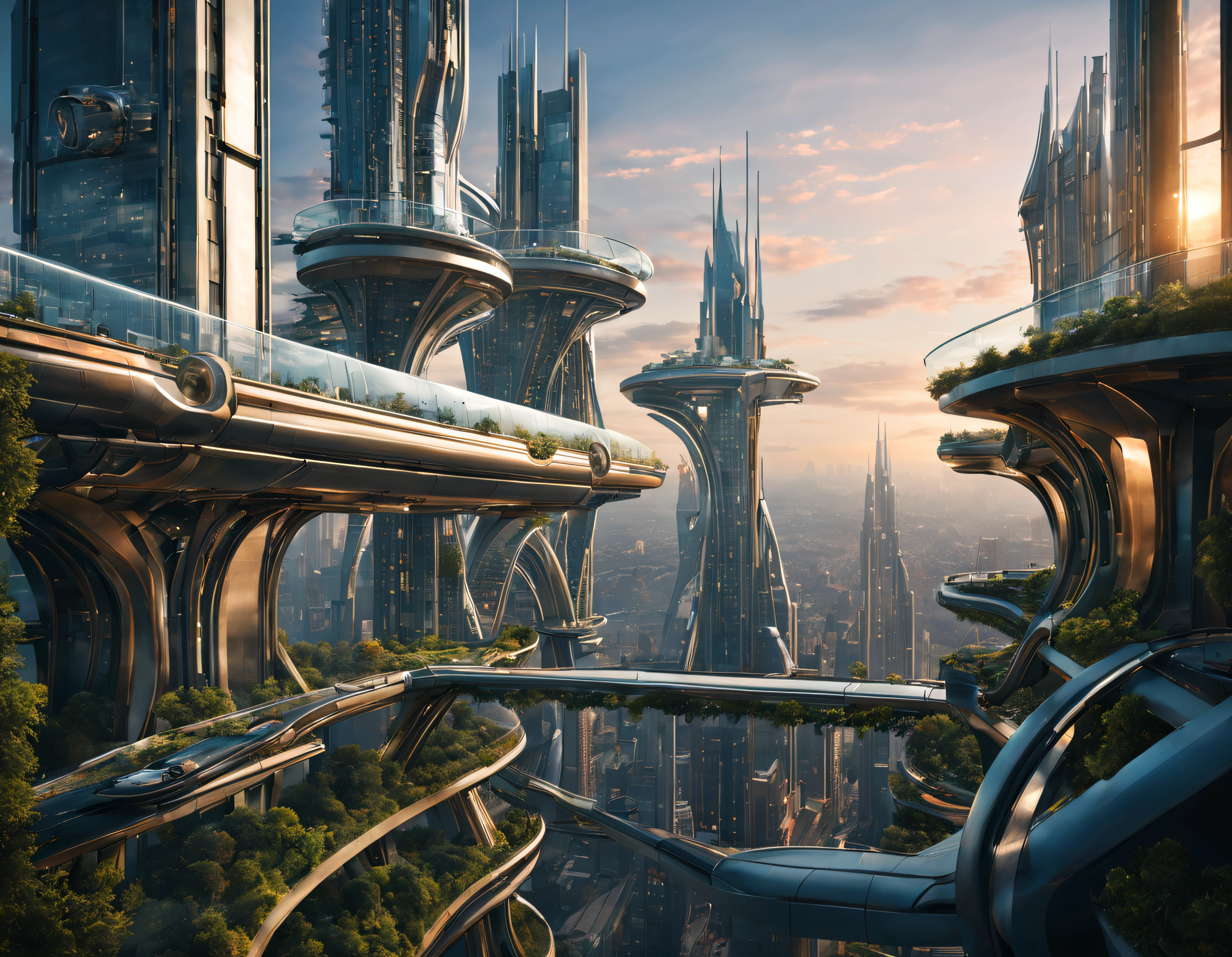 vista desde una terraza de una ciudad futurista, con inmensos edificios metalicos, grandes bovedas acristaladas, puentes de union entre edificios, terrazas y ventanas iluminadas, todo parecido a la ciudad futurista de la pelicula tomorrwland, high technology and avant-garde design, intrincados detalles de la maquina de la mas alta calidad, estilo cinematografico, nitidez absoluta, imagen 8k. (obra maestra).