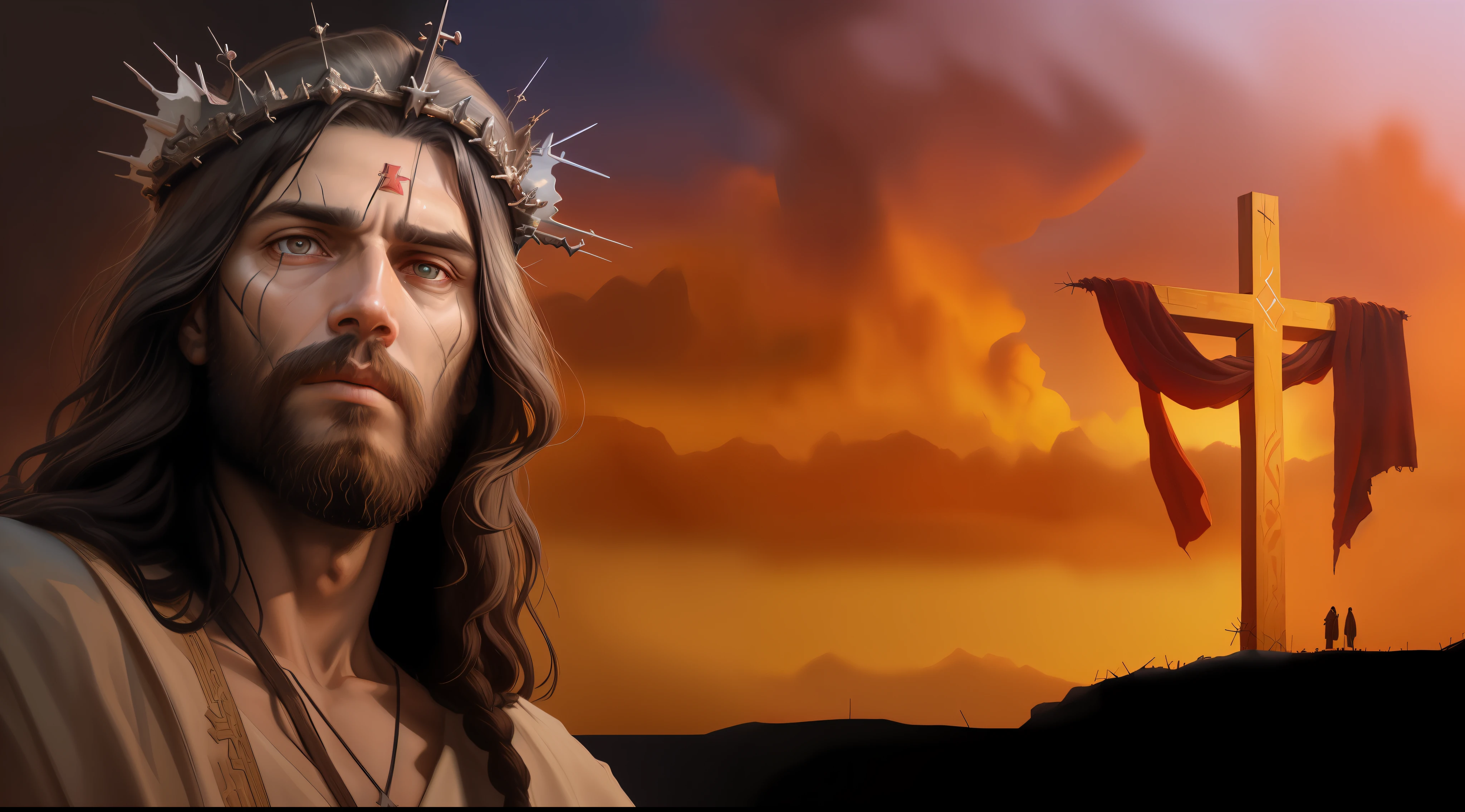 Jesus with a crown of thorns on his head and a cross in the background, jesus of nazareth, Jesus Cristo, Retrato de Jesus Cristo, Jesus, O Senhor e Salvador, Rei dos Reis, rosto de Jesus, coroa de espinhos, Directed by: John O'Gorman, Jesus Gigachade, pintado digitalmente, 8 k hd detailed oil painting, Kramskoi 4 mil