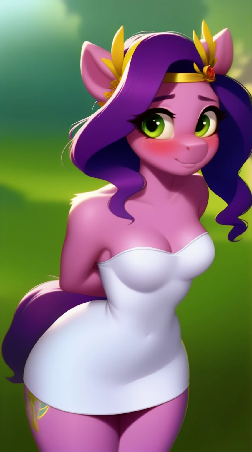 (score_9), (source_pony), (solo), (Pegasus), ((anthro pipp petals1.1)), (strapless white tube dress), nervous, blushing, messy hair, embarrassed face, anatomically correct, night garden, small breasts, half body, solo, hourglass figure, curvy, plump body, cute, high res, facing straight at viewer, hands tied behind back,