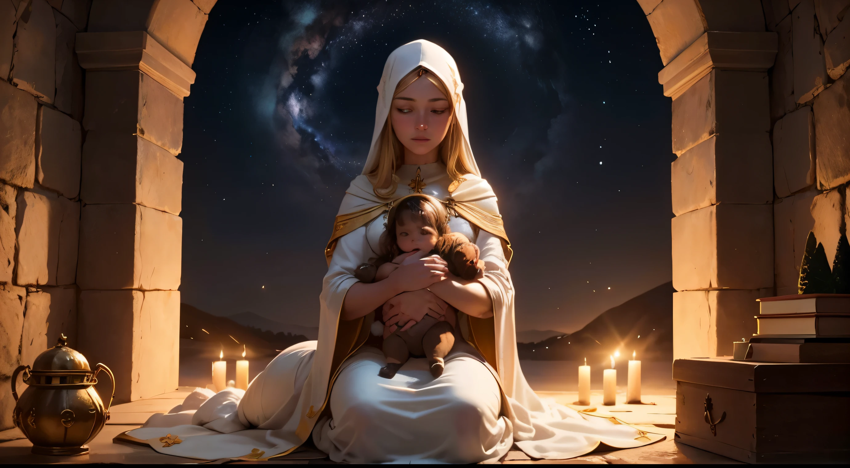 See a peaceful setting under the starry sky of Belém. A rustic manger, esculpido em madeira envelhecida, rests in a simple stable, illuminated by the soft light emitted by the star of Bethlehem. Em torno dele, poeira dourada flutua no ar, creating atmospheric magic. A estrela brilha intensamente no topo, casting golden rays that delicately touch the manger and illuminate the Holy Family. MARIA, com um semblante sereno e olhos amorosos, tenderly holds the newborn Jesus in her arms. Josh, ao lado, protects the sacred scene with reverence and admiration. The scene is completed with the presence of shepherds, kneeling in gratitude, and invisible angels, whose presence is felt in the softness of the night breeze. The setting conveys a sense of peace and reverence, capturando o momento sublime do nascimento de Salvador. This image provides an intimate and enchanting look at the most significant event of Christmas, convidando os espectadores a contemplar a beleza e a simplicidade deste milagre divino. clearer in HD and 4k.