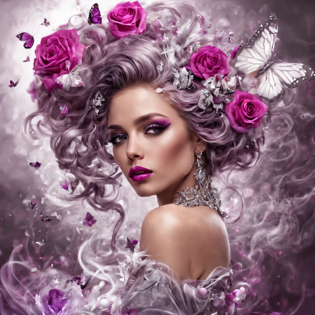 handsome girl, Luxury cosmetics, intricate hair, roses, Smoke, Concept art, moda, Chic, Beautiful, White, magenta, Purple, silver balls, tornado, Butterflies, diamonds, octans, Large