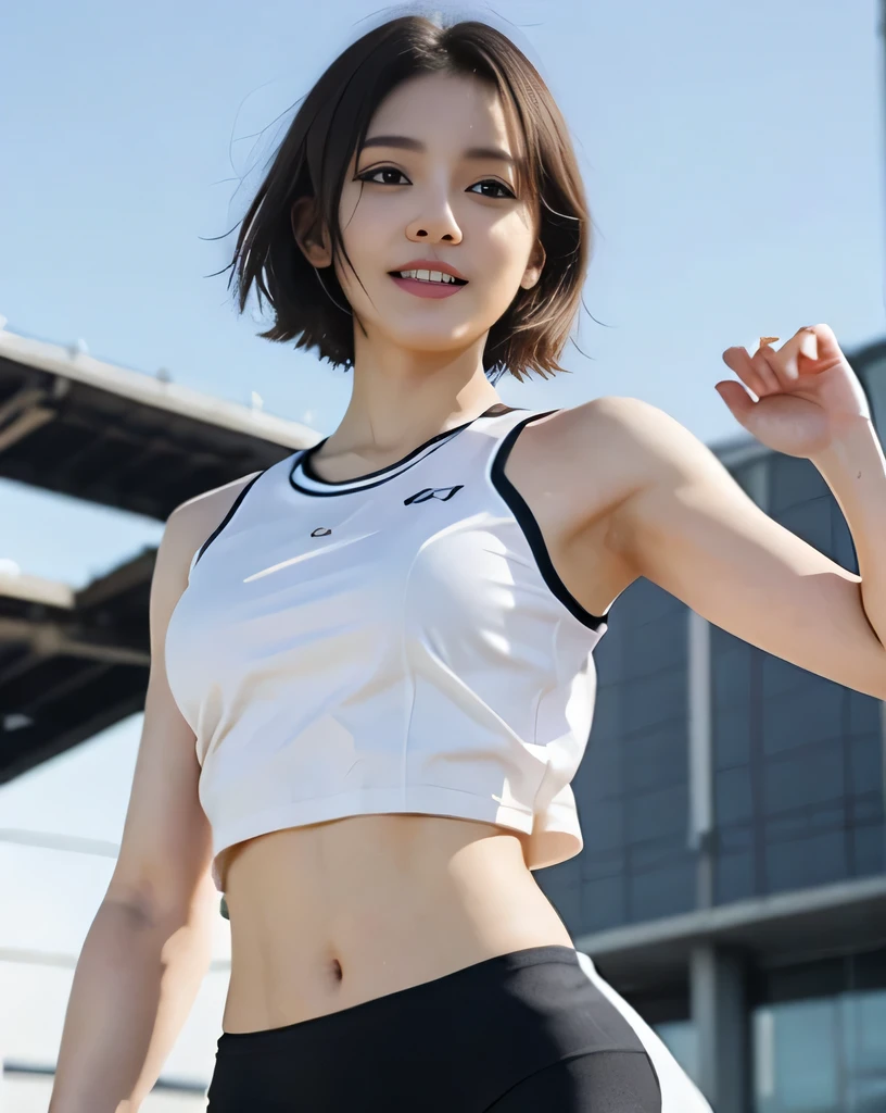 zydG, ((Cowboy Shot)),((From below)), 1girl in, Front view, to stand, Look at viewers, Exposed skin, (From below),Brown-eyed, (very short brown hair:1.2), (Light hair), (medium breasts:1.4), smile with white teeth, (Photorealsitic:1.4), (Top image quality:1.0), (超A high resolution:1.0), 8K, Raw photography, (masterpiece:0.2), track and field uniforms, Show abs, (Sweat, Wetty:1.1), portlate, Pubic focus, fullllbody,(pureerosface_v1:0.5), plein air, track and field,