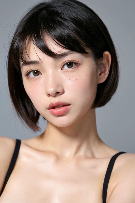 A beautiful woman with short black hair whose nipples can be seen through. Her eyes are slightly separated, her nose runs through her ears, and her ears are a little large. Her whole body is fair-skinned and has droopy eyes.