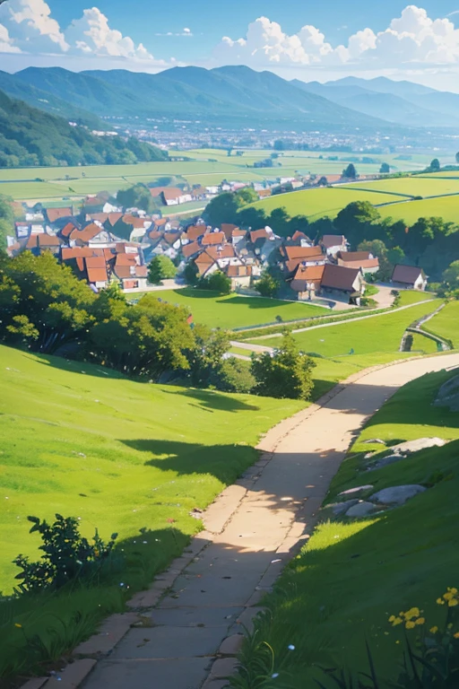 Anime style village scene，There are windmills，There are stone paths, Anime countryside landscape, beautiful anime scenes, beautiful anime scenery, Anime landscapes, anime backgrounds艺术, Anime beautiful peaceful scene, Anime landscapes概念艺术, anime backgrounds, 色彩缤纷的anime movie backgrounds, anime scene, Anime landscapes, distant village background, anime backgrounds主视觉, Anime landscape wallpaper, anime movie backgrounds