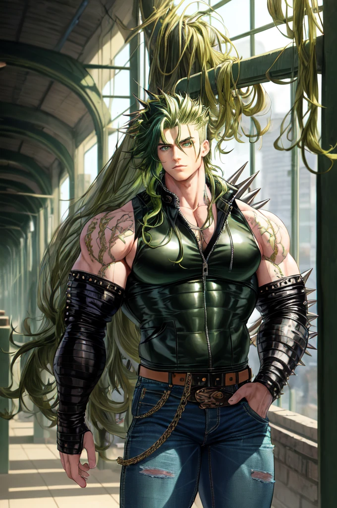 Highly detailed, (masterpiece), best quality, expressive eyes, perfect face, 1man, long spiky wavy green raising hair, Green hair, green eyes, Bulky Body Builder Masculine body, Green leather Jacket & Jeans