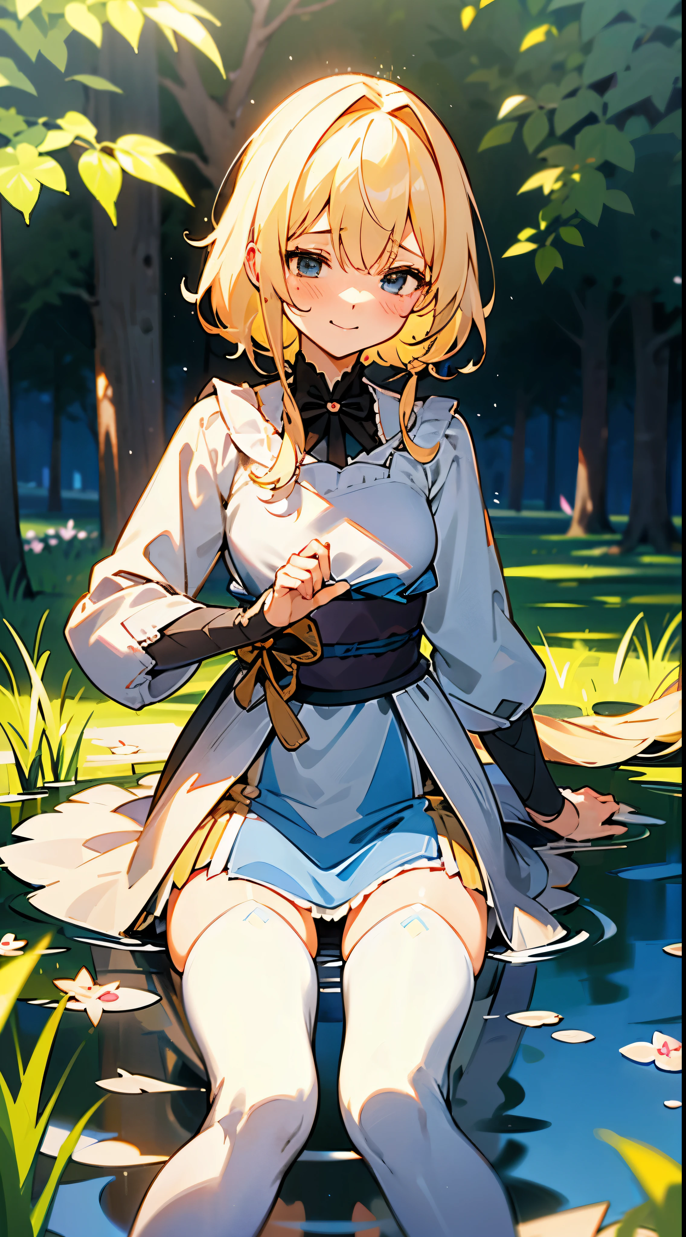 anime styled, The ultra -The high-definition, alice in the wonderland, Super cute girl, ((a blond:1.4)), ((long:1.4)), shame, Shyness is a shy smile, light blue fluttering short dress, frilldの付いた白いエプロンスカートを重ねる, frilld, A large white ribbon is tied behind the waist of the dress.. , B-cup breast, Light blue fluttering mini skirt, ソックスは爪先から太ももの半ばあたりまであるlongい白色のknee high, ((knee high:1.4)), and draw the full body, in the forest where bright sunlight shines through, absurd worldview, Her clothes are a little disarrayed and her breasts are exposed.., teatsが見えている, ((teats:1.4)), Her skirt is a little disarrayed and her crotch is visible.., 股のFemale genitalsが見えている, ((Female genitals:1.4)), pee, お漏らししてpeeが股から出て太ももを伝ってチョロチョロと細く流れている, Lying on the ground, lying on one's side, Urine excreted on the ground around the waist forms a small puddle., ((pissing:1.4)), i&#39;Hold out your hand as if inviting me here