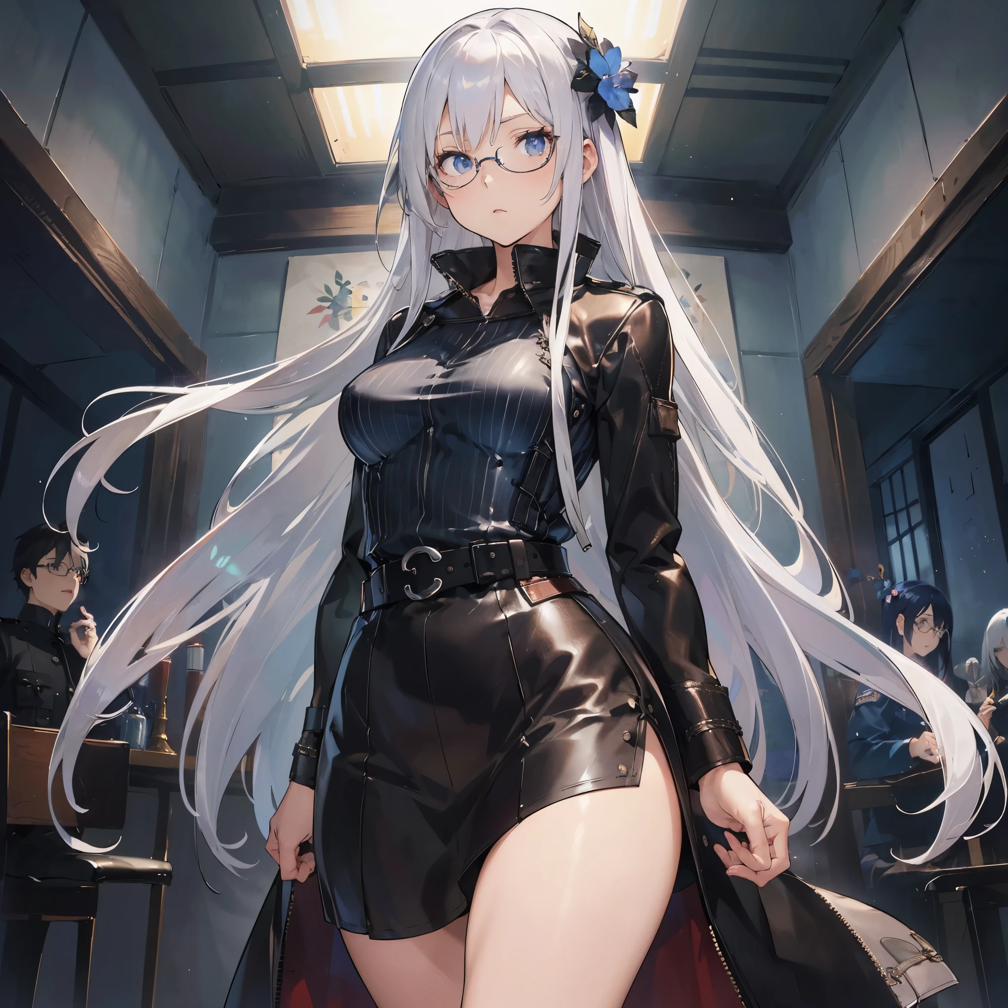 masutepiece,Best Quality,fisheye,((Longhaire)),(((Leather Military Uniforms))),(((vertical line shirt))),(age 24),(slightly small breast),(Leather belt),(1 blue flower hair ornament),(Sober glasses),Solo,((White hair)),Blue Pupils,((very slender figure)),(slightly plump thighs),(arms behind back)