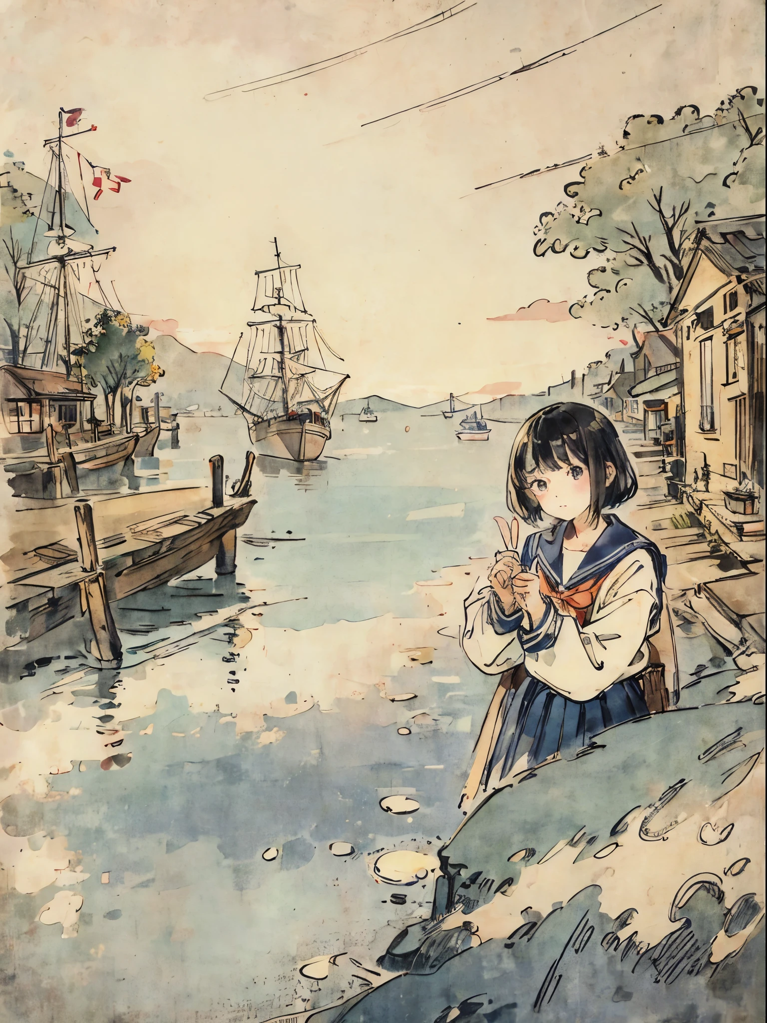 a sailor suit、Old townscape、Nostalgic、Detailed landscapes、行走、A dark-haired、a picture、Long、Bright face、Look at viewers、Make a peace sign with both hands