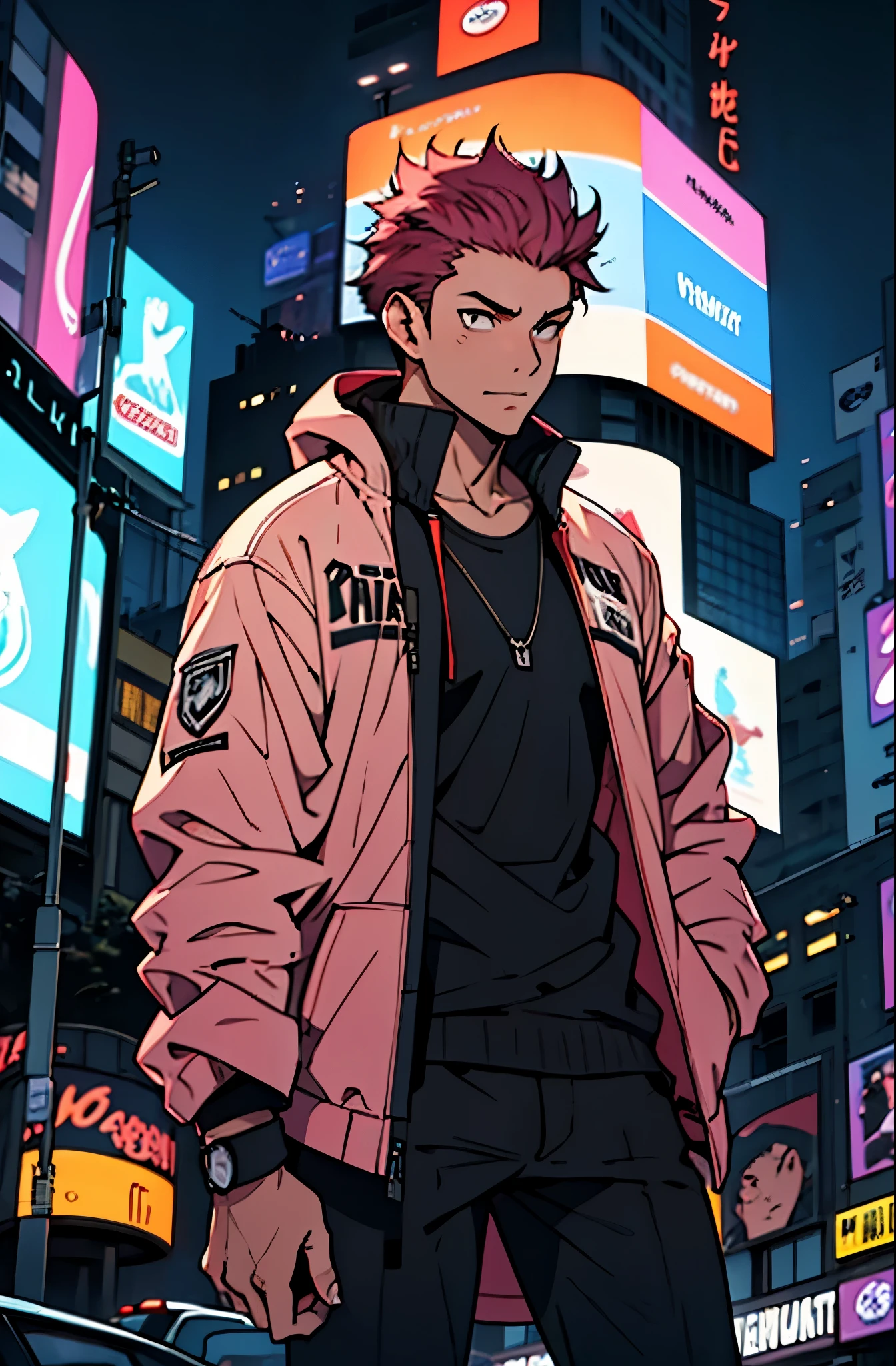 A mais alta qualidade, 8K, image high resolution, good ilumination, sombras detalhadas, Detailed strokes, no meio de uma avenida movimentada estilo Times Square de noite , inverno, apoiado em um dos postes, adolecente, Yuji Itadori, Dark Pink Hair , wearing a cold jacket , masculo , Tight chest in jacket , (angulo de baixo), (Angulo de Perto), pernas definidas, defined arms, com a camisa,