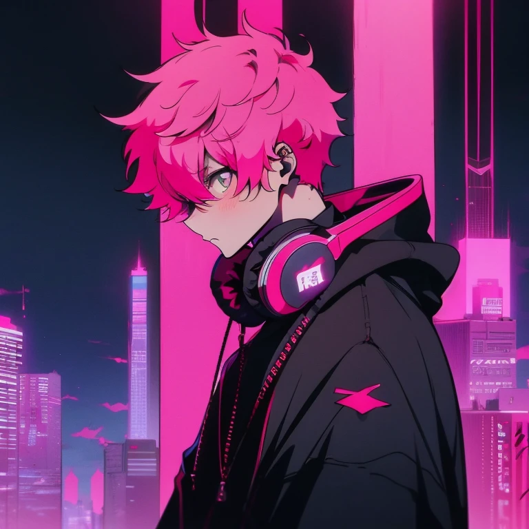 (short-cut), (Two-block hair), (vivid pink hair), (male character), (Red Eyes), (Cool pose), (of the highest quality), (masterpiece), (ultra-detailliert), (Oversized hoodies), (headphones), (Street), (neons), (Camera from a down angle), (Modern City), (neonsデイライト), (Cinematic), (Stylish), (hight resolution), (Hyper Detailed), (Looking at the camera), (Anime-style), (Softtown), (nightcore), (a handsome man), (Listening to music), (natural appearance of the building), (casual), (ig studios anime style),
