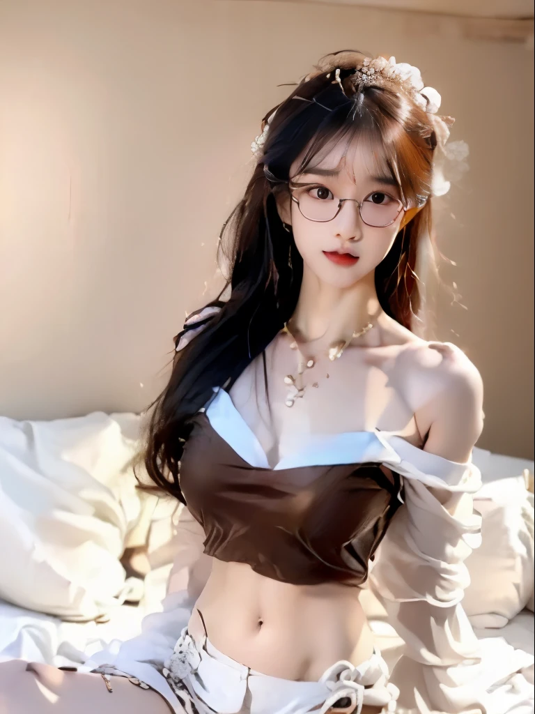 Beautiful asian woman，18yr old，Medium to long brown hair，Big breasts gathered，obvious，Wear gold round glasses，Wearing white thin，The clasp opens，Wearing a white low-waist thong，Tight waist，leaking flat belly navel，Slender legs，Lie down in bed，Open your legs