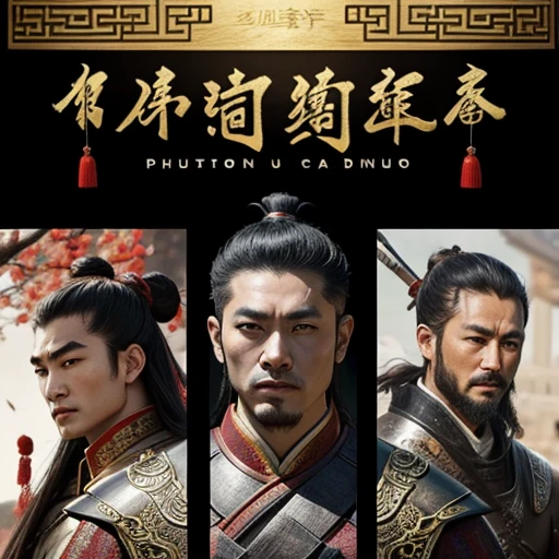 Oriental、man in ancient chinese armor、ancient chinese hairstyle man、three kingdom、multiple warlords、top-quality、​masterpiece、超A high resolution、(Photorealsitic:1.4)、Cinematic poster、No background