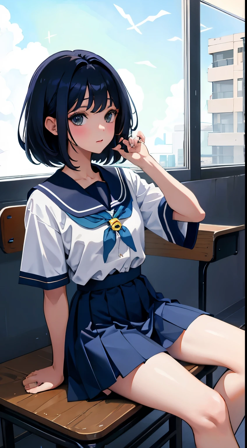 kne，(child)，（​masterpiece，Highest Quality），shortsleeves，Dark blue pleated mini skirt，A dark-haired，long pony tail，Summer Classroom