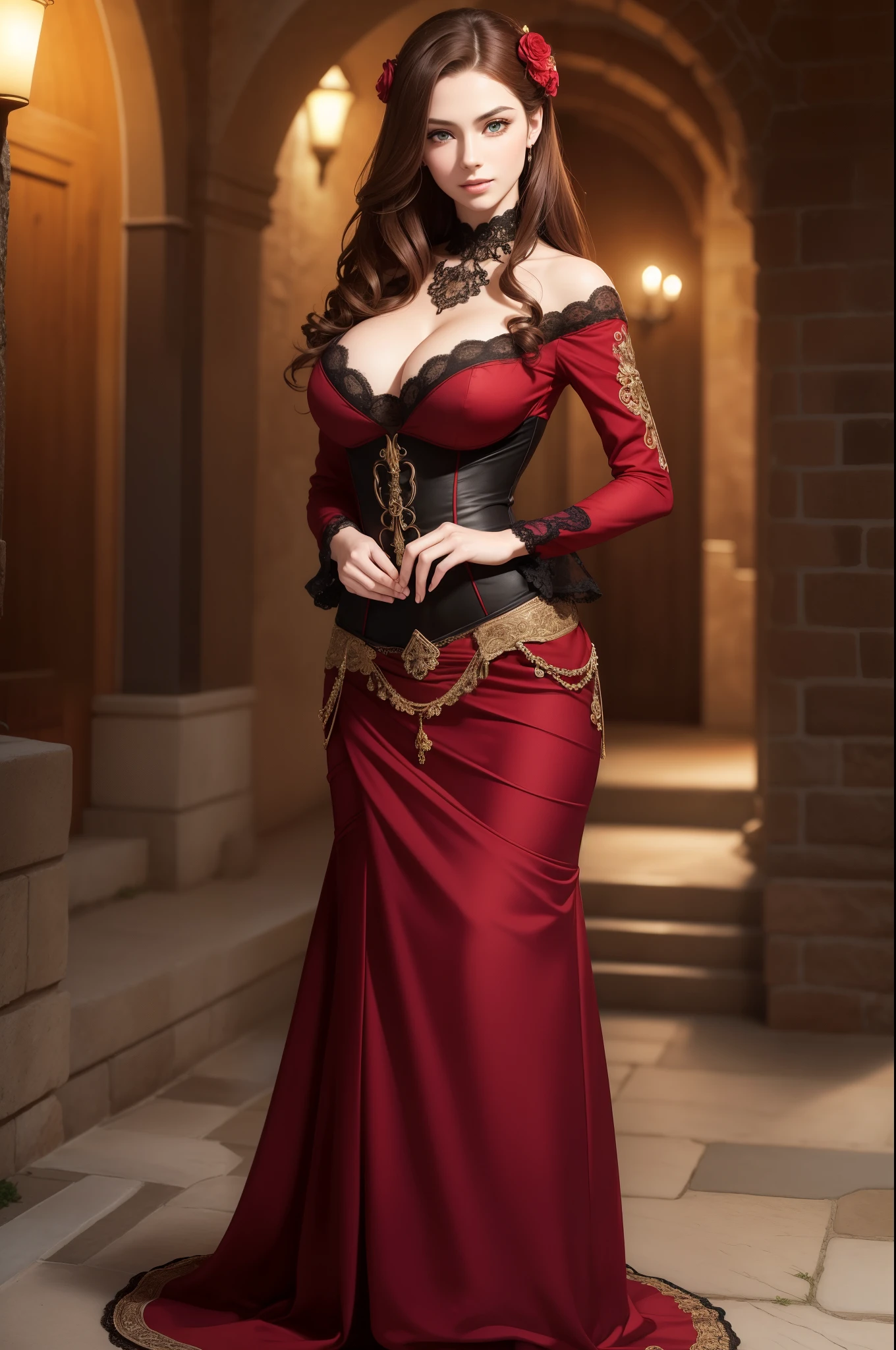 high quality fingers, normal hands, detailed fingers, masterpiece, (realistic, photo-realistic:1.37), (full body:1.5), (25 years old women), large breast, small waist, red hair, green eyes, beautiful face, perfect illumination, beautiful detailed eyes, looking at viewer, stunningly beautiful women, detailed hairstyle, detailed background, highly detailed and ornate Victorian red and black corset, background is a beautiful flower garden with gazebo.