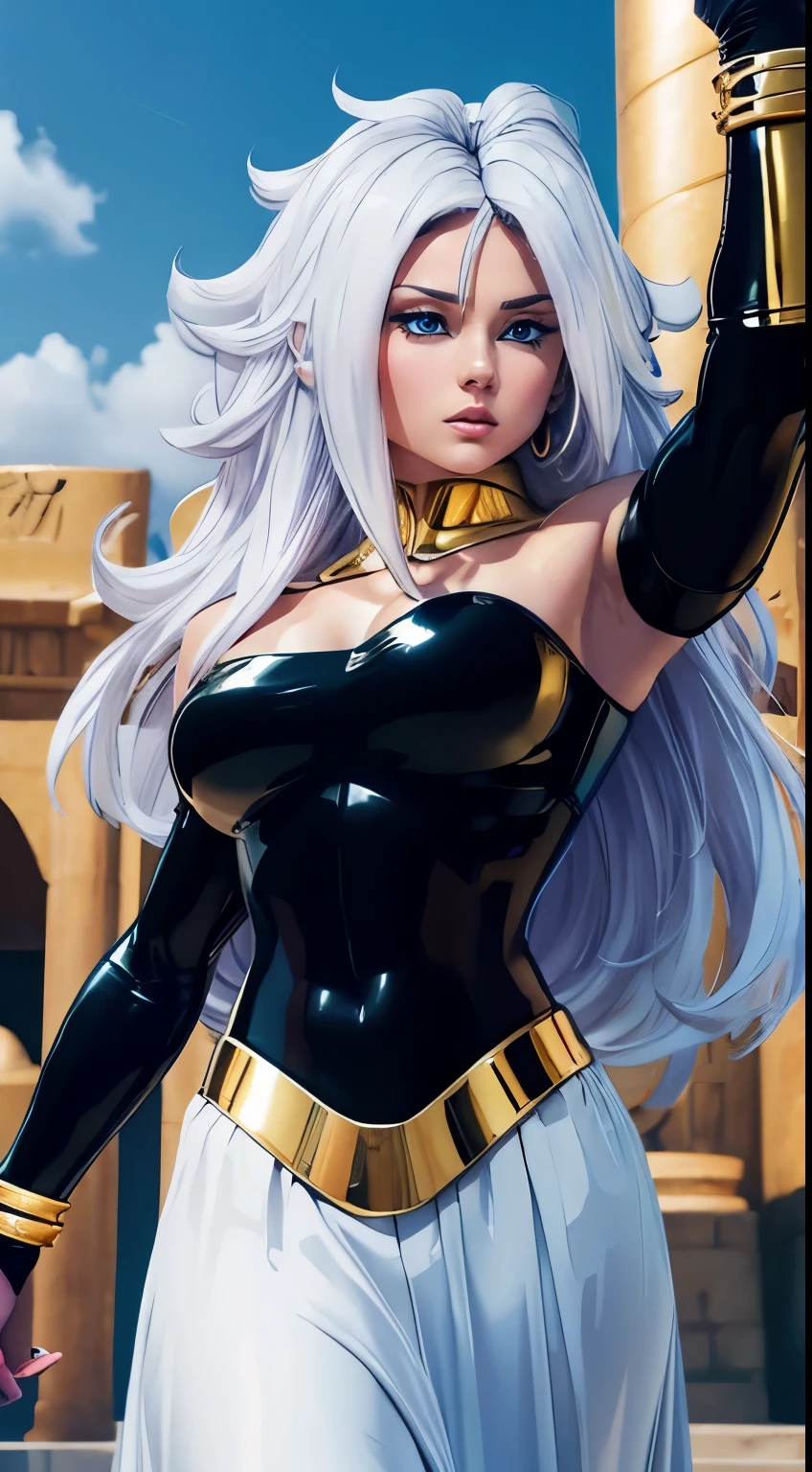 (best quality,4k,8k,highres,masterpiece:1.2),ultra-detailed,(realistic,photorealistic,photo-realistic:1.37),Egyptian goddess,beautiful detailed eyes,long white hair,yellow eyes,Egyptian god Seth armor,black and gold armor,sexy pose,fierce expression,majestic background lighting,portrait,sharp focus,vivid colors,mysterious atmosphere